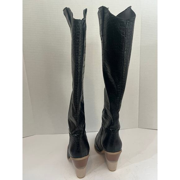Women's Tall Black Western Croc Embossed Boots with Cutout Block Heel Size 38/8 - Picture 4 of 9